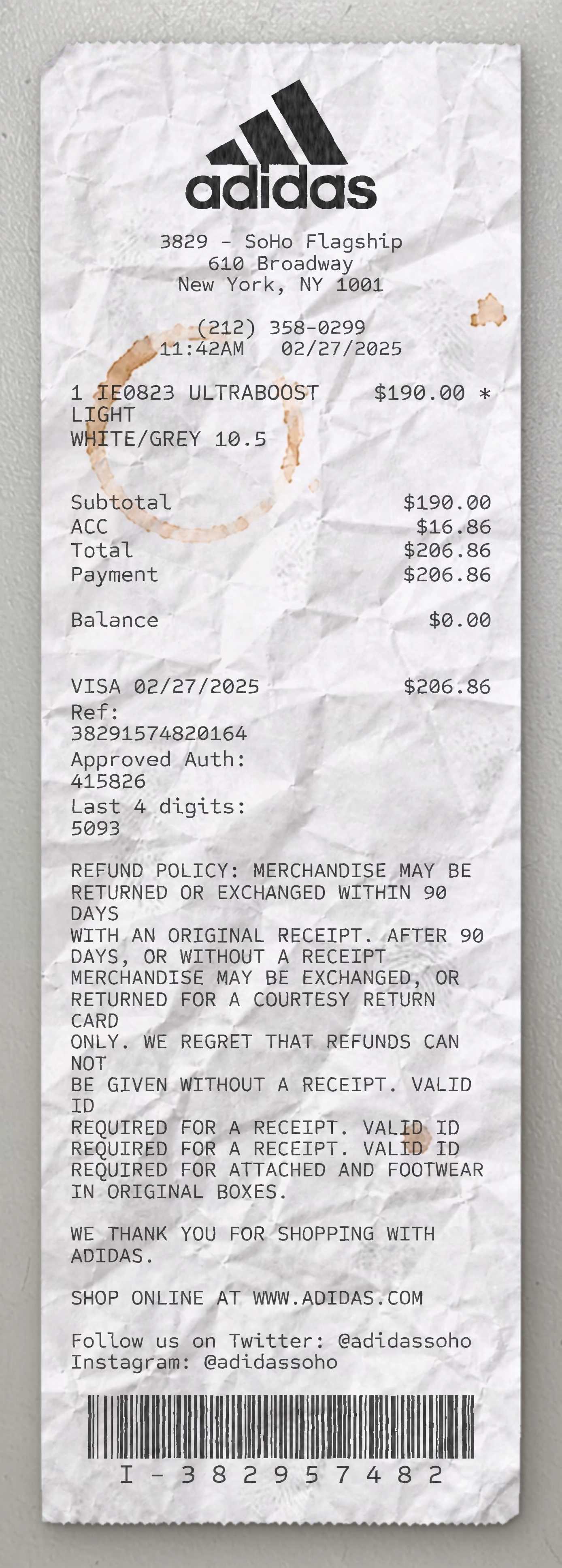 Adidas sample receipt preview