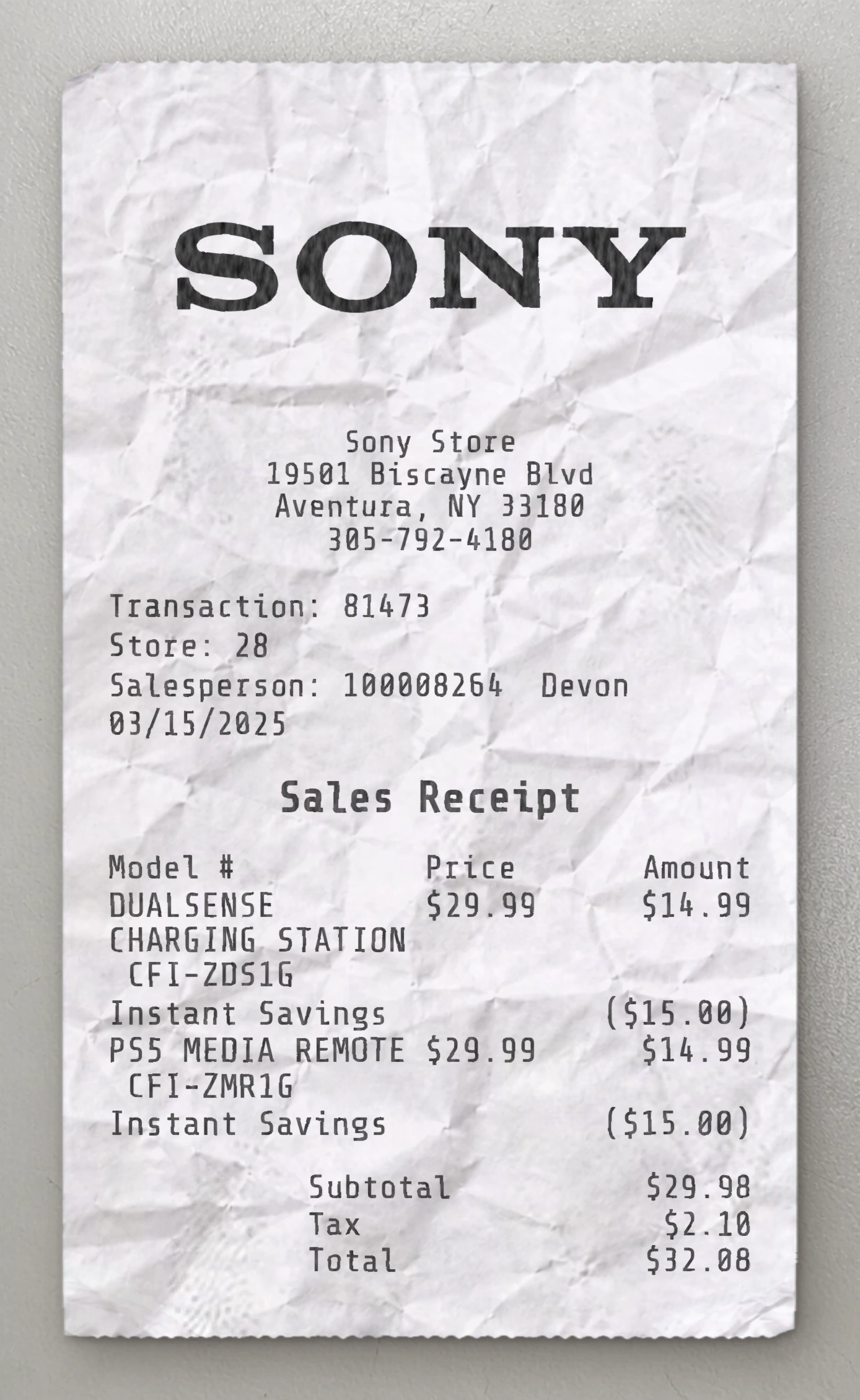 SONY sample receipt preview