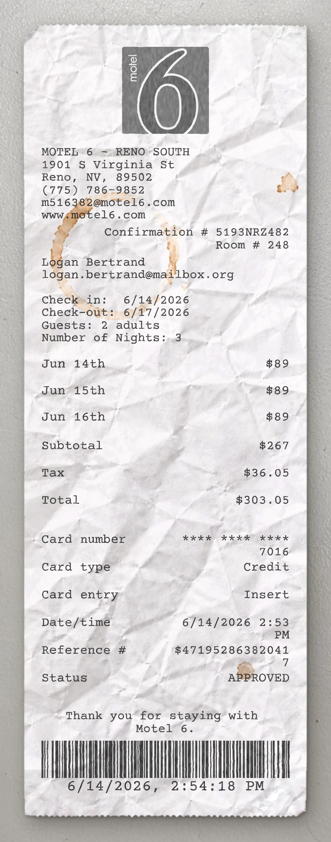 Motel 6 sample receipt preview
