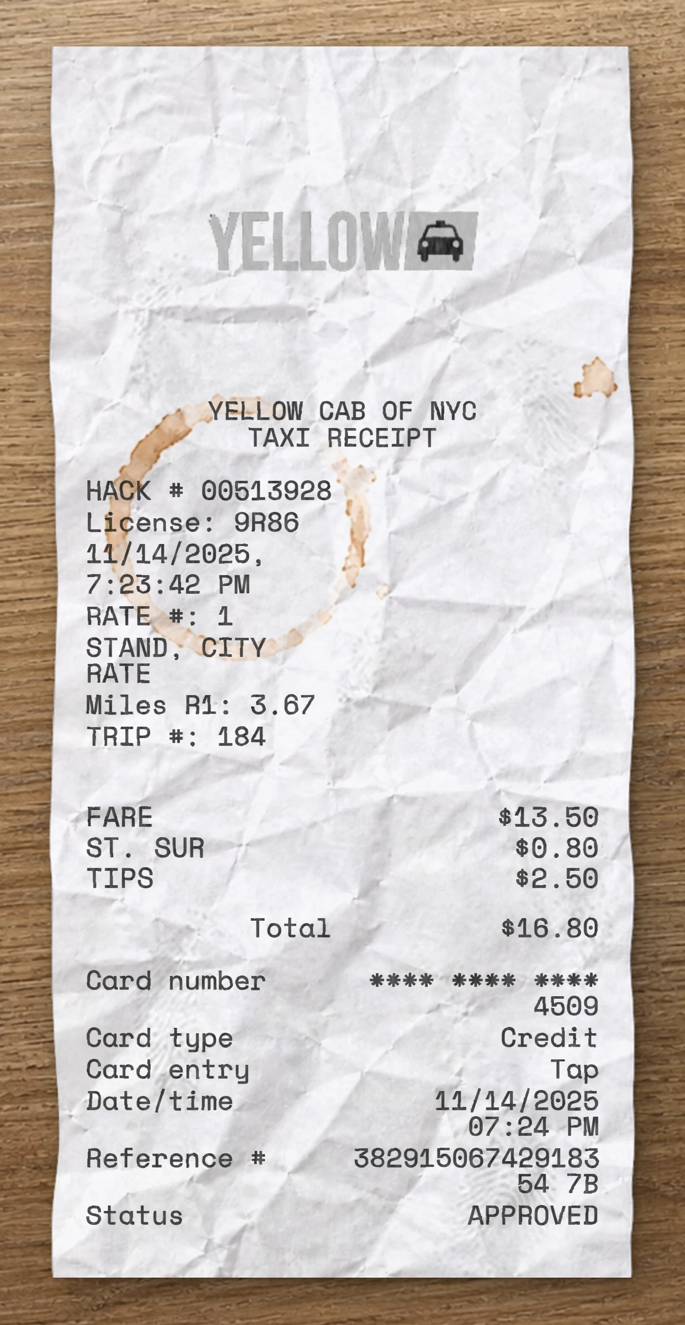 Yellow Cab sample receipt preview
