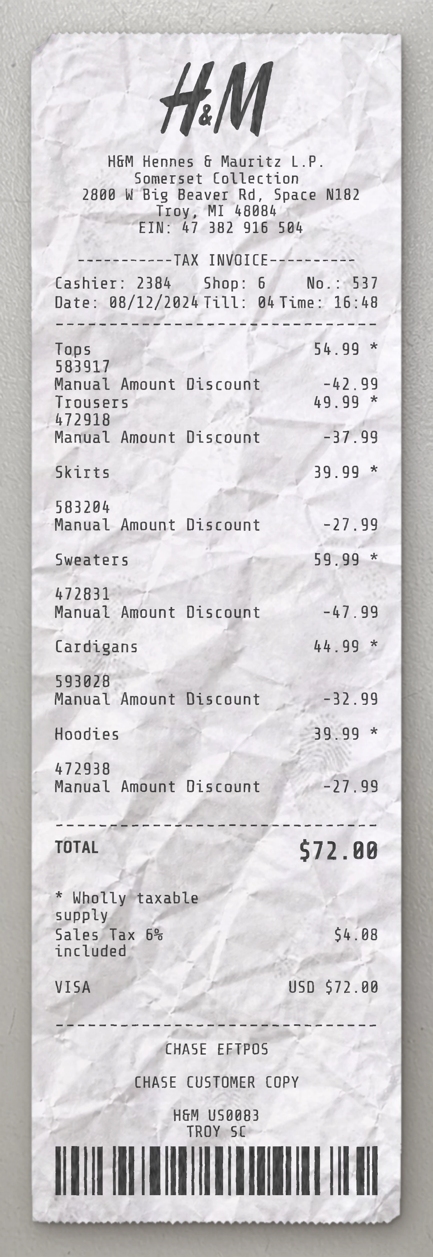 H&M sample receipt preview
