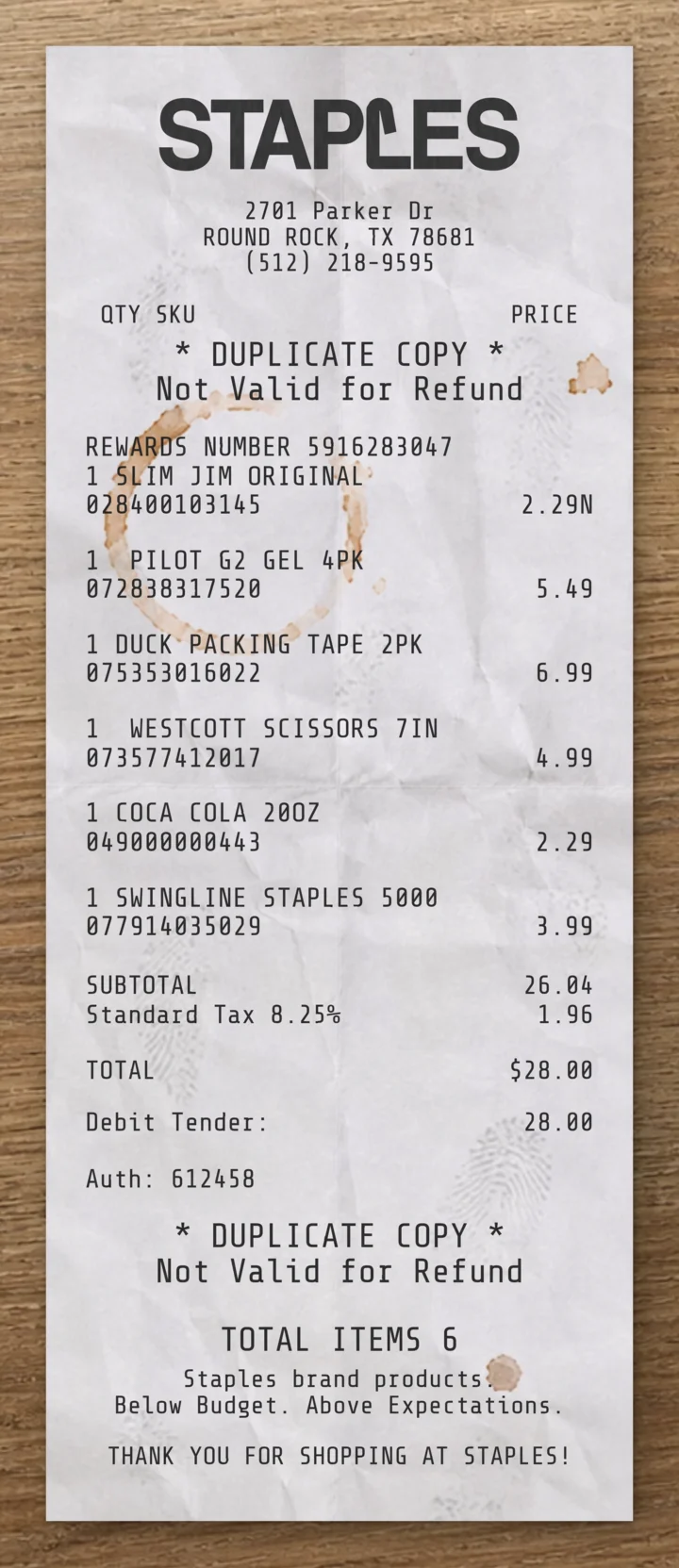 Staples sample receipt preview