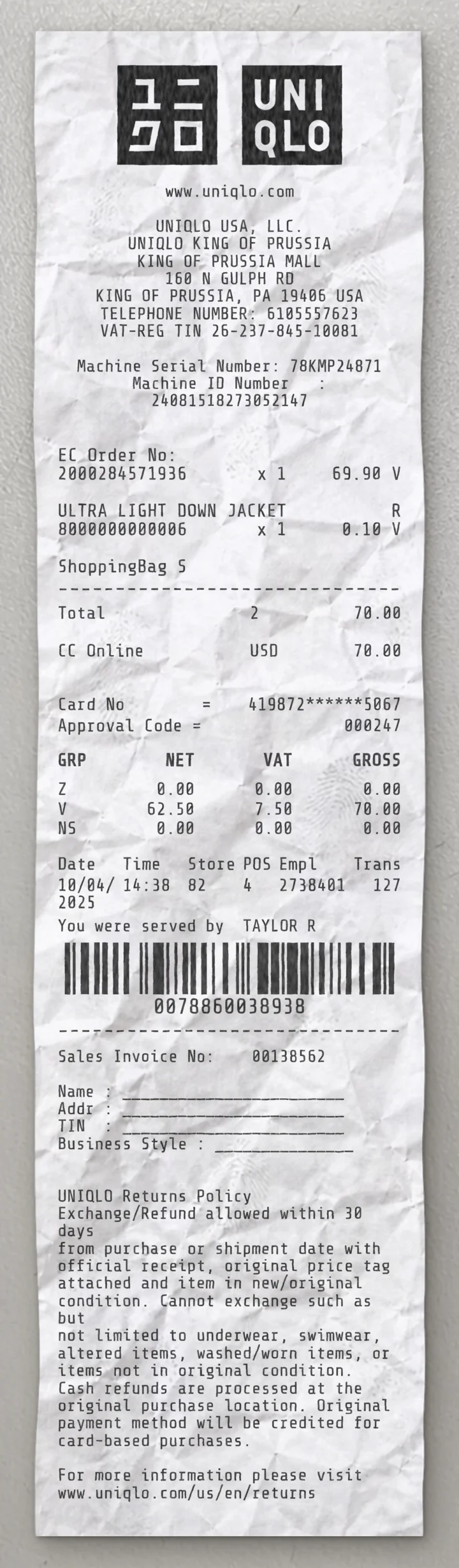 UNIQLO sample receipt preview